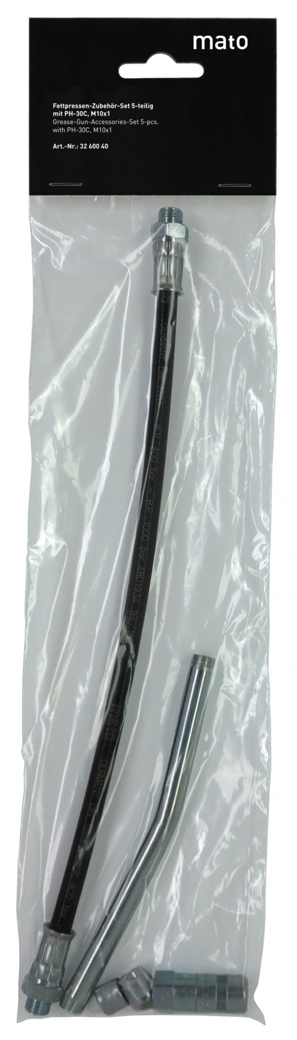 Grease gun accessories set with<br>high pressure nylon hose PH-30C, M10x1</p>packed in poly bag with Head-Card