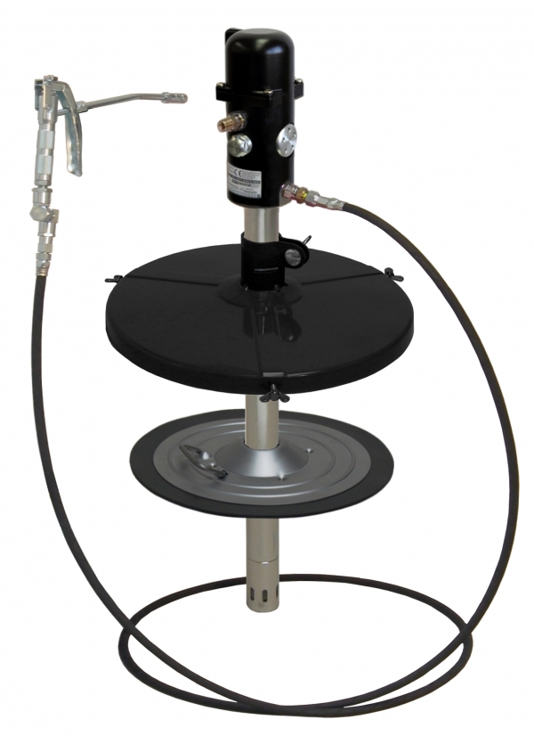 pneuMATO 55 grease pump unit, static<br>with 10 m high pressure rubber hose DN6</p>for 18/20 kg kegs, Inner-&Oslash; 265-285 mm