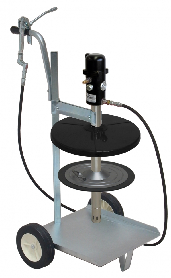 pneuMATO 55 grease pump unit, mobile<br>with 6,5 m high pressure rubber hose DN6</p>for 50 kg kegs, Inner &Oslash; 355-387 mm